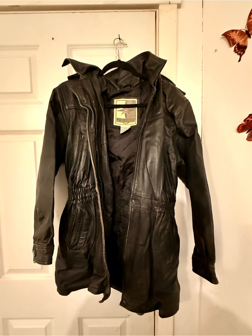 Vintage Women’s Black Leather Hooded Coat Cinched Waist